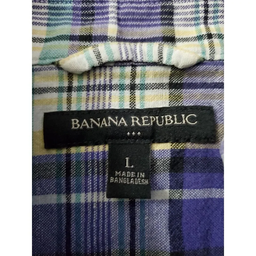 Banana Republic Men's Linen Cotton Blue Green Yellow Plaid‎ Casual Shirt Size L